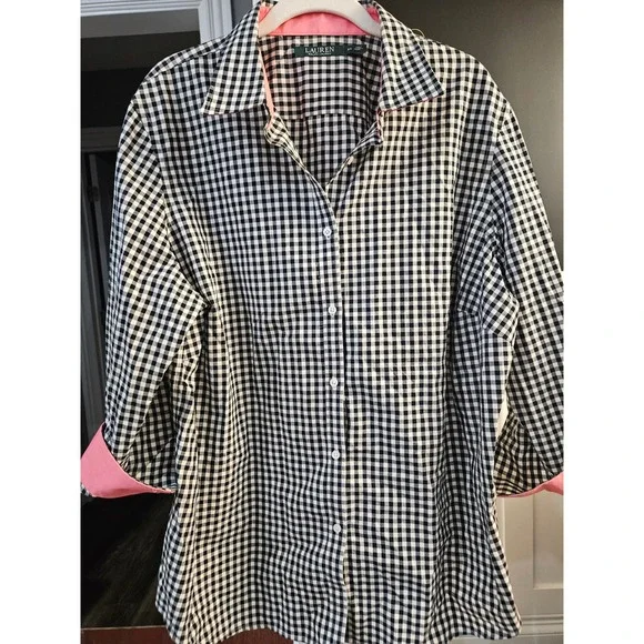 Lauren Ralph Lauren Womens 2X Gingham Button Down Shirt Black White Pink Trim - Picture 2 of 6
